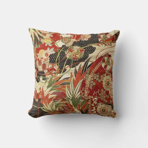 ANTIQUE JAPANESE FLOWERS Red Green Black Floral  Throw Pillow