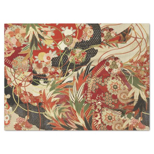 ANTIQUE JAPANESE FLOWERS Red Green Black Floral  Tissue Paper