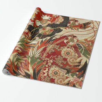 Antique Japanese Flowers Red Green Black Floral  Wrapping Paper by bulgan_lumini at Zazzle