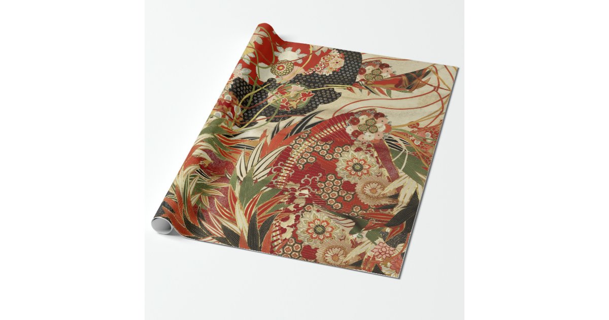 ANTIQUE JAPANESE FLOWERS Red Green Black Floral Wrapping Paper