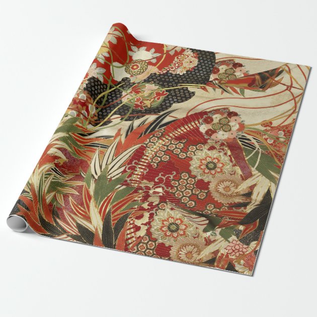 ANTIQUE JAPANESE FLOWERS Red Green Black Floral Wrapping Paper