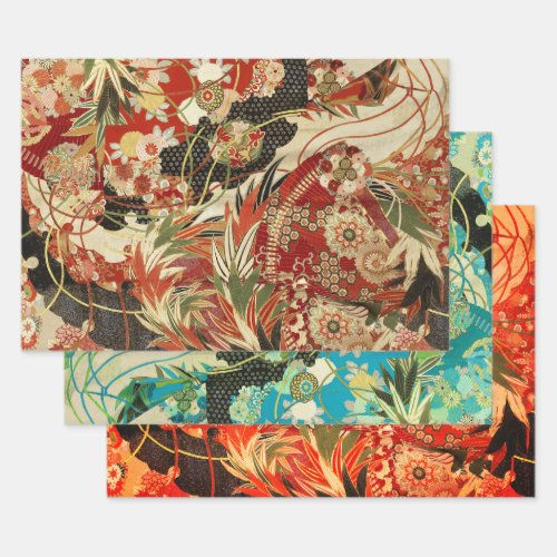 ANTIQUE JAPANESE FLOWERS Red Teal Green Floral  Wrapping Paper Sheets