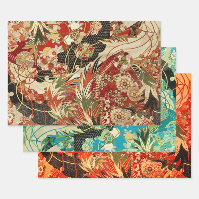 ANTIQUE JAPANESE FLOWERS Red Teal Green Floral  Wrapping Paper Sheets (Set)