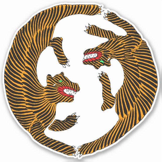 Antique Japanese Folk Art Tigers Sticker (Front)