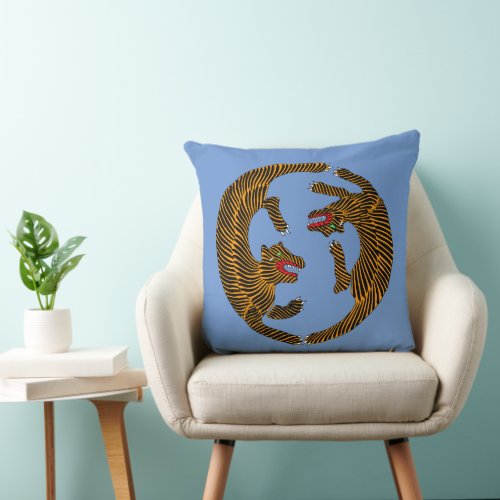 Antique Japanese Folk Art Tigers Throw Pillow