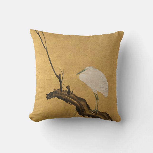 Antique Japanese Heron on a Willow Branch Print Throw Pillow (Front)