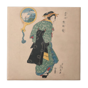 Antique Japanese Kimono Woman Ukiyo-e Woodblock Ceramic Tile