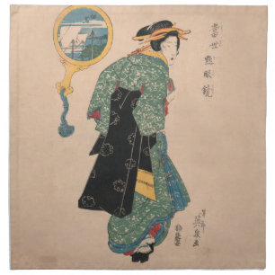 Antique Japanese Kimono Woman Ukiyo-e Woodblock Cloth Napkin