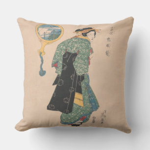Antique Japanese Kimono Woman Ukiyo-e Woodblock Outdoor Pillow