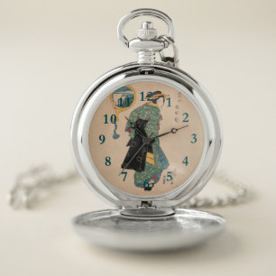 Antique Japanese Kimono Woman Ukiyo-e Woodblock Pocket Watch