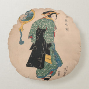 Antique Japanese Kimono Woman Ukiyo-e Woodblock Round Pillow