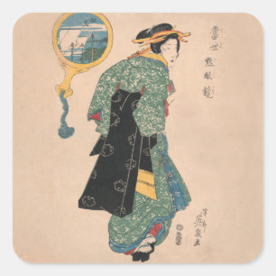 Antique Japanese Kimono Woman Ukiyo-e Woodblock Square Sticker