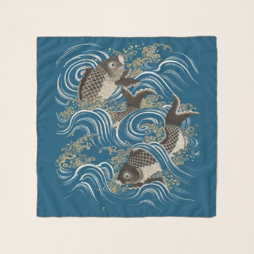Antique Japanese Koi Fish Fukusa Print Scarf