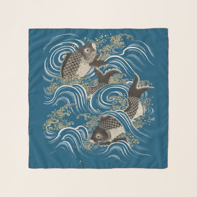 Antique Japanese Koi Fish Fukusa Print Scarf (Front)