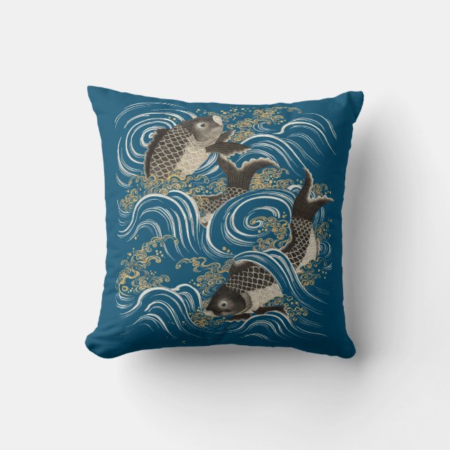 Antique Japanese Koi Fish Fukusa Print Throw Pillow (Front)