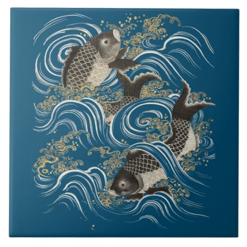 Antique Japanese Koi Fish Print Ceramic Tile