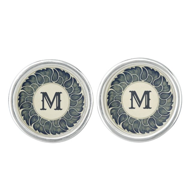 Antique Japanese leaf Ink Art Monogram Cufflinks (Front)