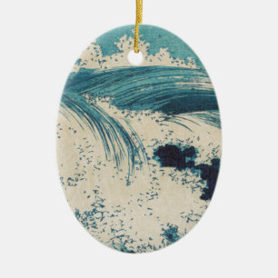 Antique Japanese Woodblock Blue Ocean Waves Print Ceramic Ornament