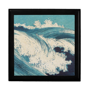 Antique Japanese Woodblock Blue Ocean Waves Print Keepsake Box