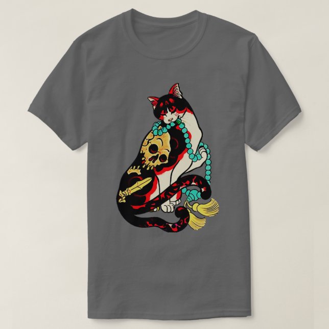 Antique Japanese Woodblock Print Cat With Flower  T-Shirt (Design Front)