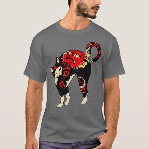 Antique Japanese Woodblock Print Cat With Flower T T-Shirt