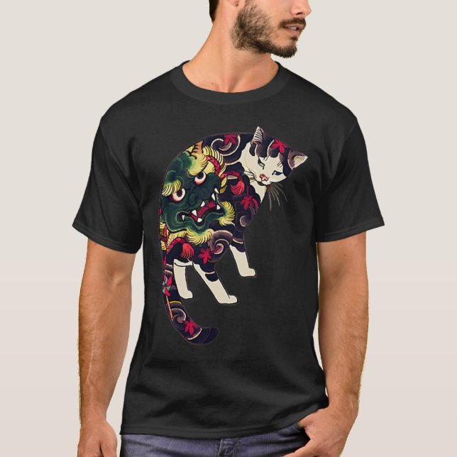 Antique Japanese Woodblock Print Cat with Flower T T-Shirt (Front)