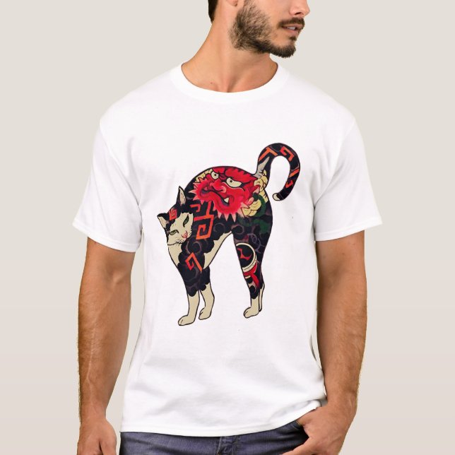 Antique Japanese Woodblock Print Cat with Flower T T-Shirt (Front)