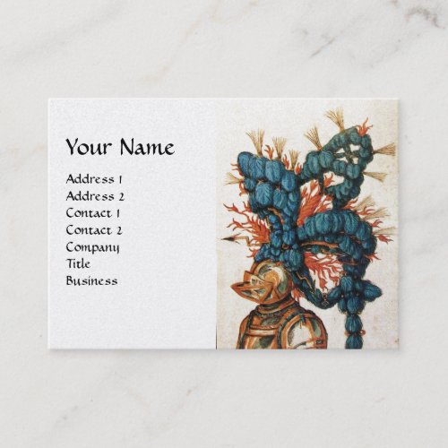 ANTIQUE KNIGHT HELMET AND RED BLUE FEATHERS Pearl Business Card
