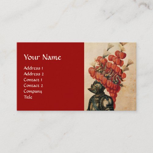 ANTIQUE KNIGHT HELMET DRAGONS AND RED FEATHERS BUSINESS CARD