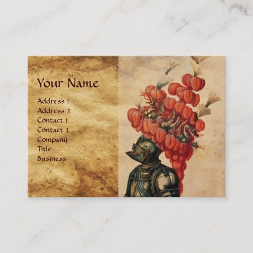 ANTIQUE KNIGHT HELMET DRAGONS AND RED FEATHERS BUSINESS CARD