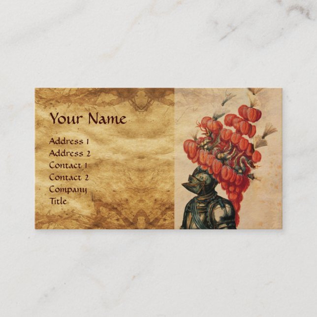 ANTIQUE KNIGHT HELMET ,DRAGONS AND RED FEATHERS BUSINESS CARD (Front)