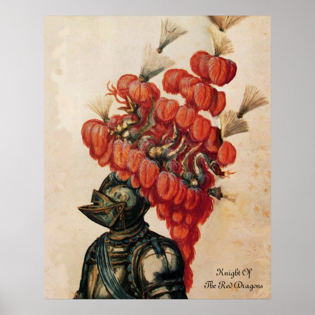 ANTIQUE KNIGHT HELMET ,DRAGONS AND RED FEATHERS POSTER (Front)