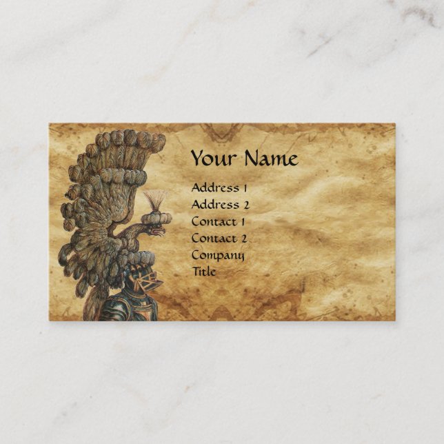 ANTIQUE KNIGHT HELMET WITH EAGLE WINGS PARCHMENT BUSINESS CARD (Front)