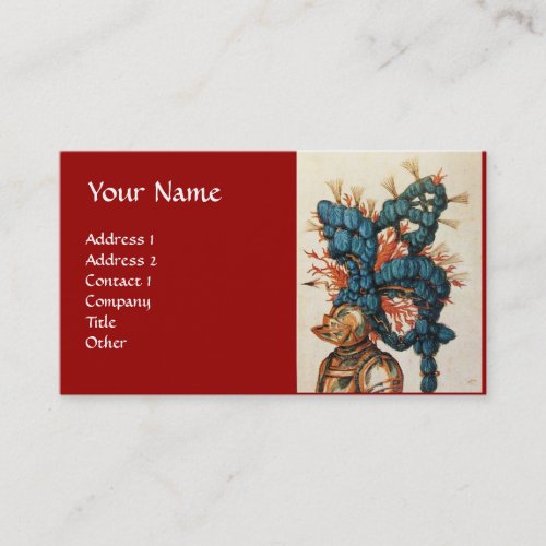 ANTIQUE KNIGHT HELMET WITH RED BLUE FEATHERS BUSINESS CARD