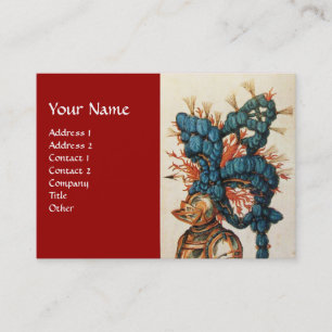 ANTIQUE KNIGHT HELMET WITH RED BLUE FEATHERS BUSINESS CARD