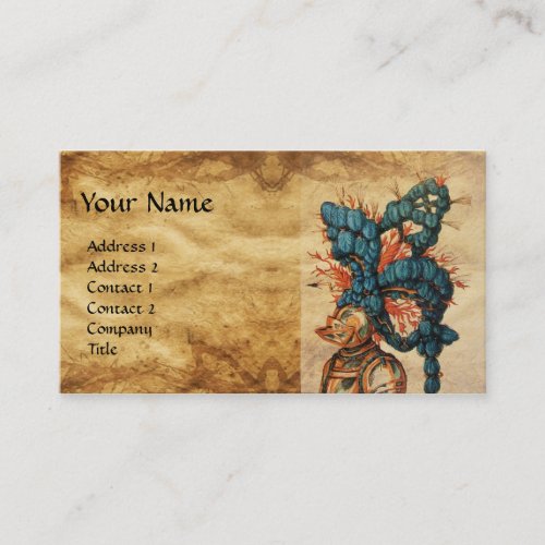 ANTIQUE KNIGHT HELMET WITH RED BLUE FEATHERS BUSINESS CARD