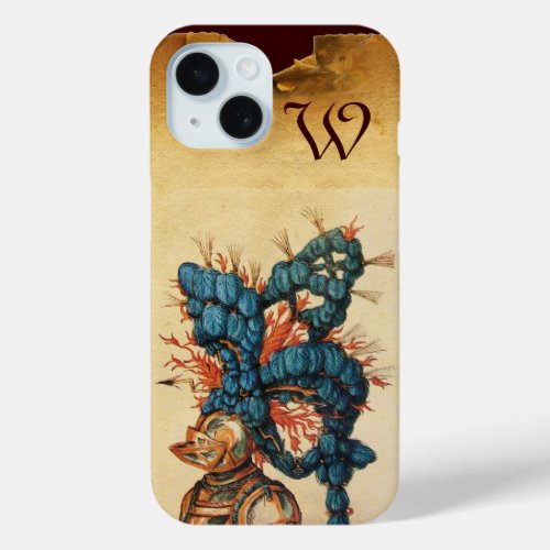 ANTIQUE KNIGHT HELMET WITH RED BLUE FEATHERS iPhone 15 CASE