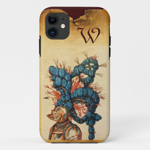 ANTIQUE KNIGHT HELMET WITH RED BLUE FEATHERS iPhone 11 CASE