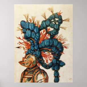 ANTIQUE KNIGHT HELMET WITH RED BLUE FEATHERS POSTER