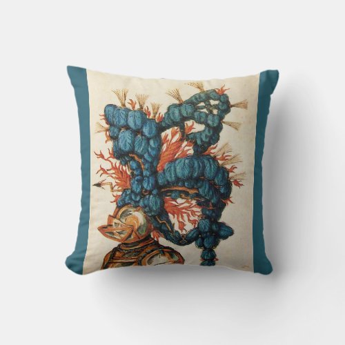 ANTIQUE KNIGHT HELMET WITH RED BLUE FEATHERS THROW PILLOW