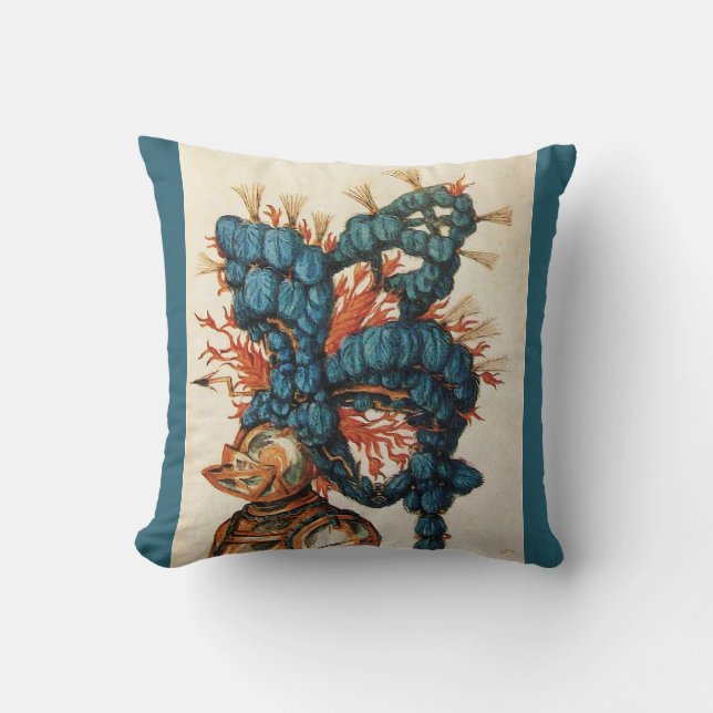 ANTIQUE KNIGHT HELMET WITH RED BLUE FEATHERS THROW PILLOW (Front)