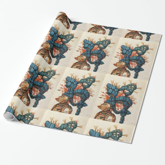 ANTIQUE KNIGHT HELMET WITH RED BLUE FEATHERS WRAPPING PAPER (Unrolled)