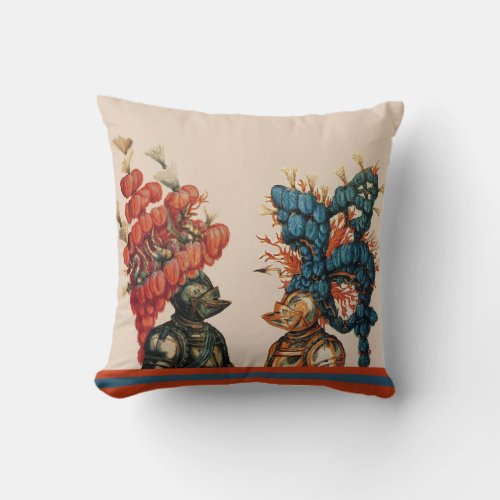 ANTIQUE KNIGHT HELMETS DRAGONSRED BLUE FEATHERS THROW PILLOW