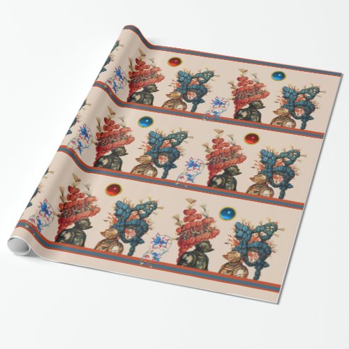 ANTIQUE KNIGHT HELMETS RED BLUE FEATHERSDRAGONS WRAPPING PAPER