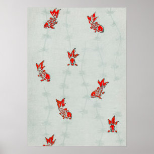 Antique Koi Goldfish Japanese Woodblock Print