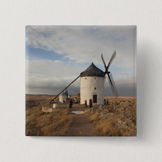Antique La Mancha windmills, with visitors Pinback Button (Front)