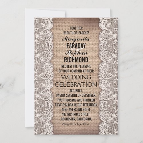 antique lace and rustic burlap wedding invitations
