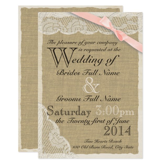 Antique Lace Blush Bow Country Wedding Invitation