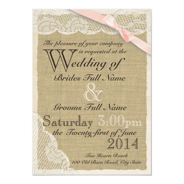 Antique Lace Blush Bow Country Wedding Invitation