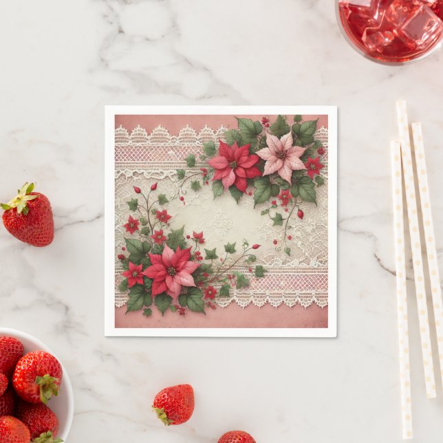 Antique Lace Floral Poinsettia Border Découpage Napkins (Insitu)